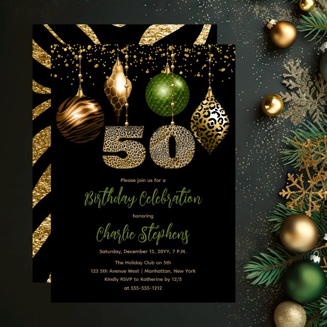 Tropical Animal Skin Baubles 50th Birthday Party Invitation (Glamorous Tropical Animal Print Baubles 50th Birthday Party Invitation in Black, Gold & Olive Green)