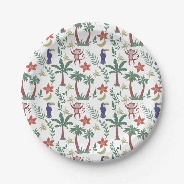 Tropical animals seamless pattern macaw and monkey paper plate (Front)