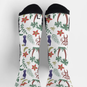 Tropical animals seamless pattern macaw and monkey socks