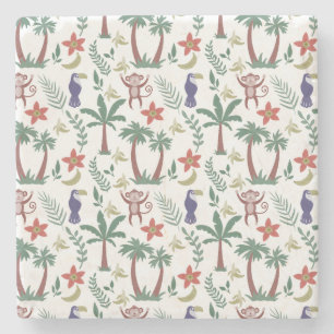 Tropical animals seamless pattern macaw and monkey stone coaster