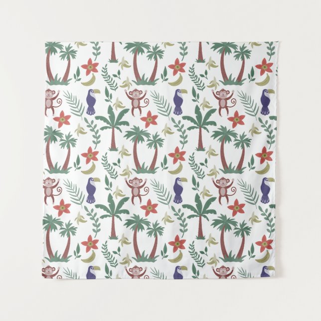 Tropical animals seamless pattern macaw and monkey tapestry (Front)