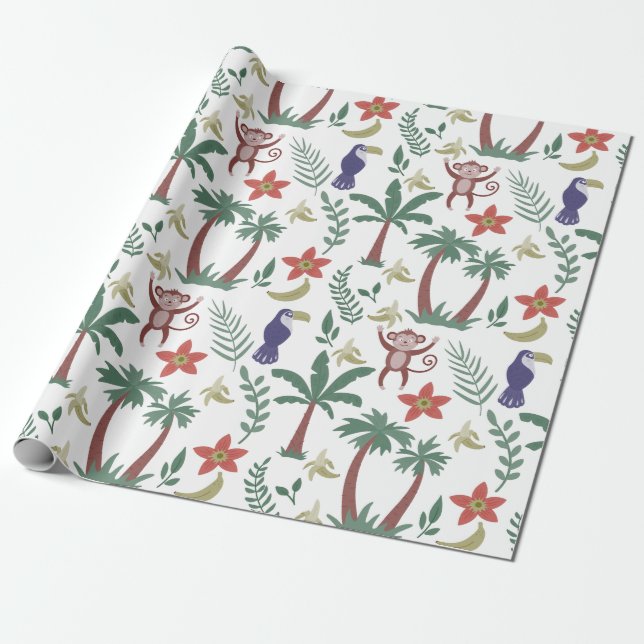 Tropical animals seamless pattern macaw and monkey wrapping paper (Unrolled)