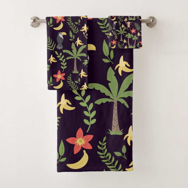Tropical animals seamless pattern monkey & macaw bath towel set (Insitu)