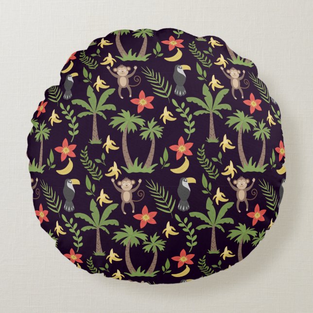Tropical animals seamless pattern monkey & macaw round cushion (Front)