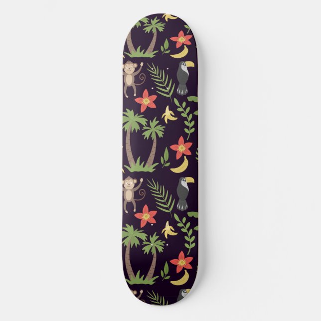 Tropical animals seamless pattern monkey & macaw skateboard (Front)