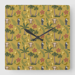 Tropical animals seamless pattern monkey , macaw square wall clock