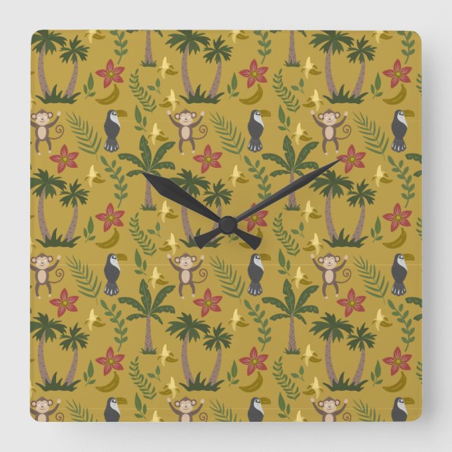 Tropical animals seamless pattern monkey , macaw square wall clock (Front)