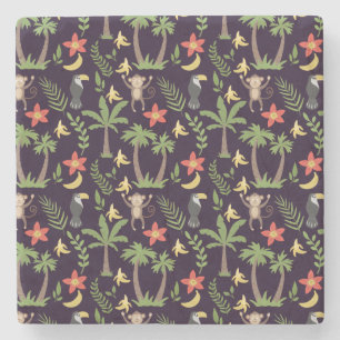 Tropical animals seamless pattern monkey & macaw stone coaster