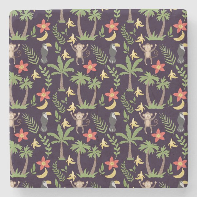 Tropical animals seamless pattern monkey & macaw stone coaster (Front)