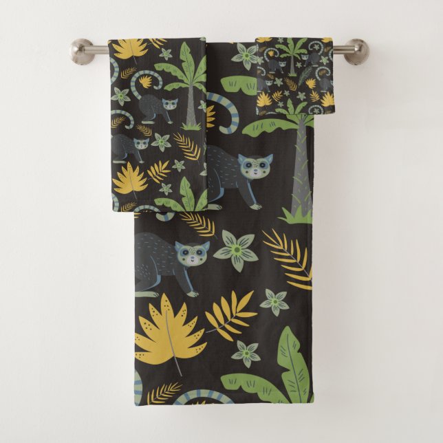 Tropical animals seamless pattern monkey palm tree bath towel set (Insitu)