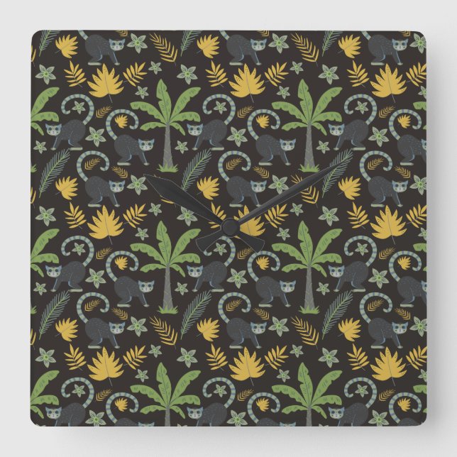 Tropical animals seamless pattern monkey palm tree square wall clock (Front)