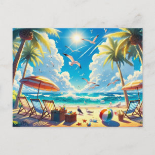 Tropical Anime Beach Paradise Painting Postcard