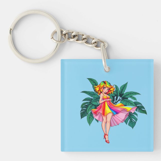 Tropical Anime Girl in Black Dress Square Acrylic  Key Ring (Front)