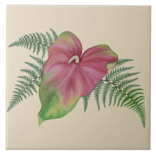 Tropical Anthurium n Ferns Floral Ceramic Tile