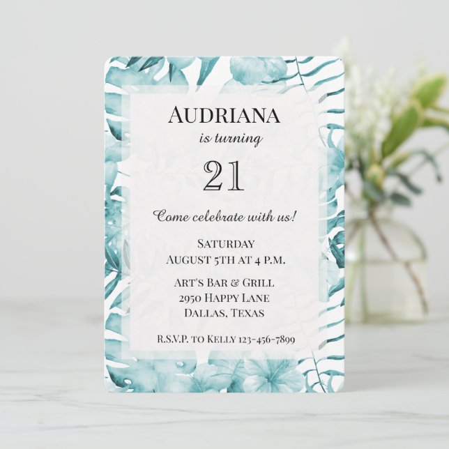 Tropical Aqua Blue Floral Leaves Birthday Invitation (Standing Front)