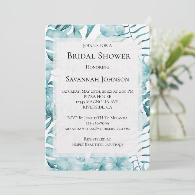 Tropical Aqua Blue Floral Leaves Bridal Shower Invitation (Standing Front)