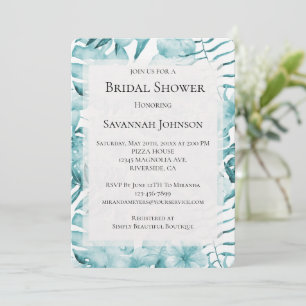 Tropical Aqua Blue Floral Leaves Bridal Shower Invitation