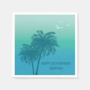 Tropical Aqua Blue Palm Trees Happy Birthday Napkin