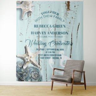 tropical aqua blue seashell beach wedding backdrop tapestry