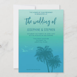 Tropical Aqua Blue With Teal Palm Trees Wedding Invitation