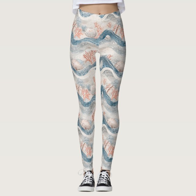 Tropical Aqua Coral Seashell Pattern Leggings (Front)