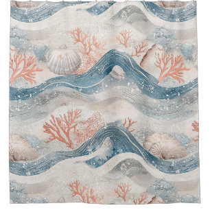 Tropical Aqua Coral Seashell Pattern Shower Curtain