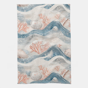Tropical Aqua Coral Seashell Pattern Tea Towel