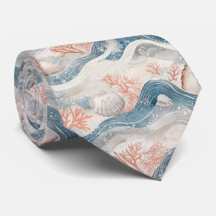 Tropical Aqua Coral Seashell Pattern Tie