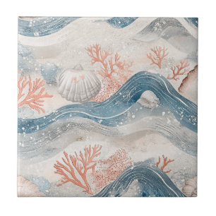 Tropical Aqua Coral Seashell Pattern Tile