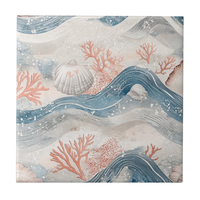 Tropical Aqua Coral Seashell Pattern Tile (Front)