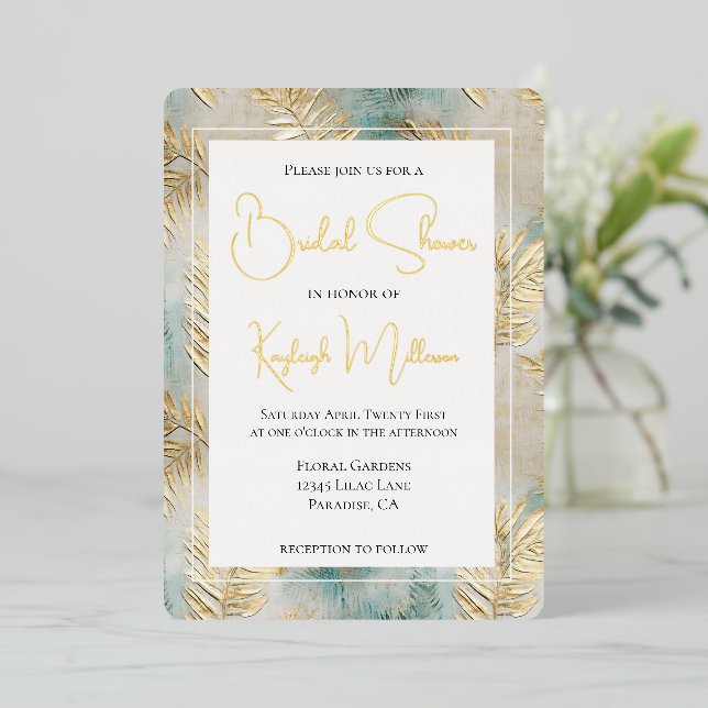 Tropical Aqua Gold Leaves Bridal Shower (Standing Front)