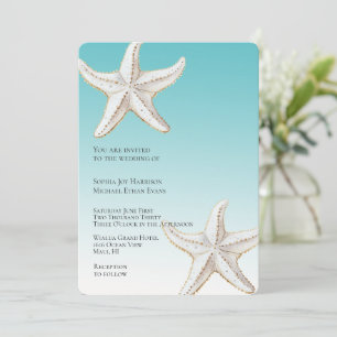 Tropical Aqua Gold White Starfish Beach Wedding Invitation