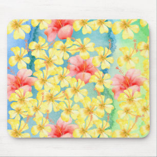 Tropical Aqua Green Yellow Pink Hibiscus Flowers Mouse Mat