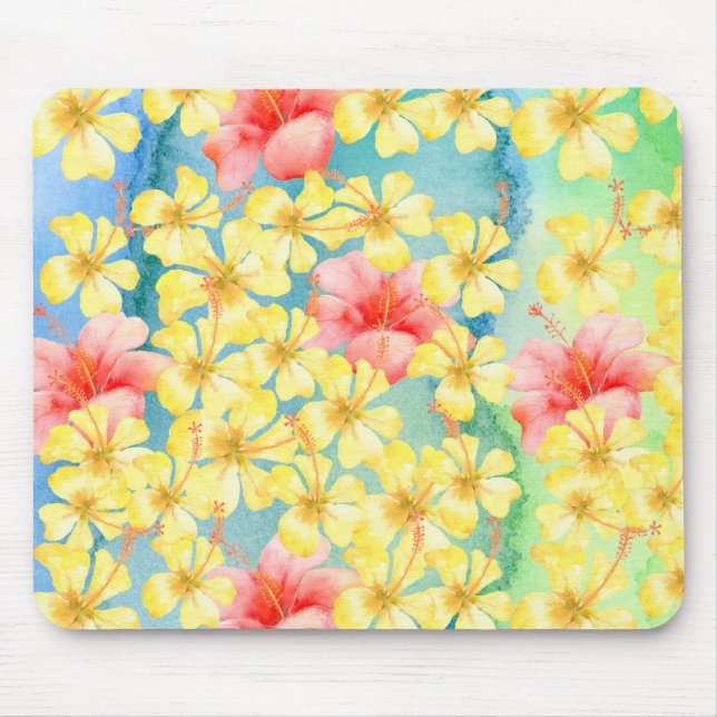 Tropical Aqua Green Yellow Pink Hibiscus Flowers Mouse Mat (Front)