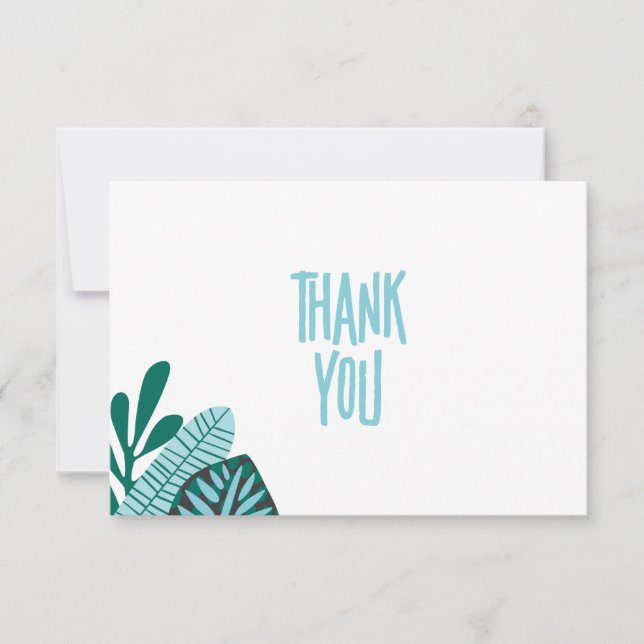 Tropical Aqua Leaves Baby Shower Thank You Card (Front)