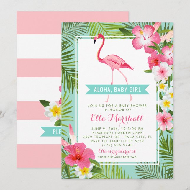 Tropical Aqua Pink Flamingo Aloha Girl Baby Shower Invitation (Front/Back)