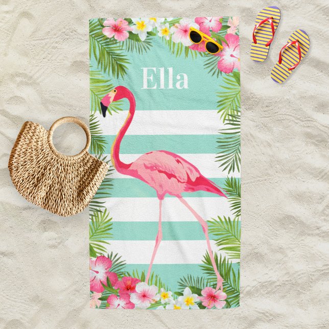 Tropical Aqua Pink Flamingo Floral Custom Monogram Beach Towel (Creator Uploaded)