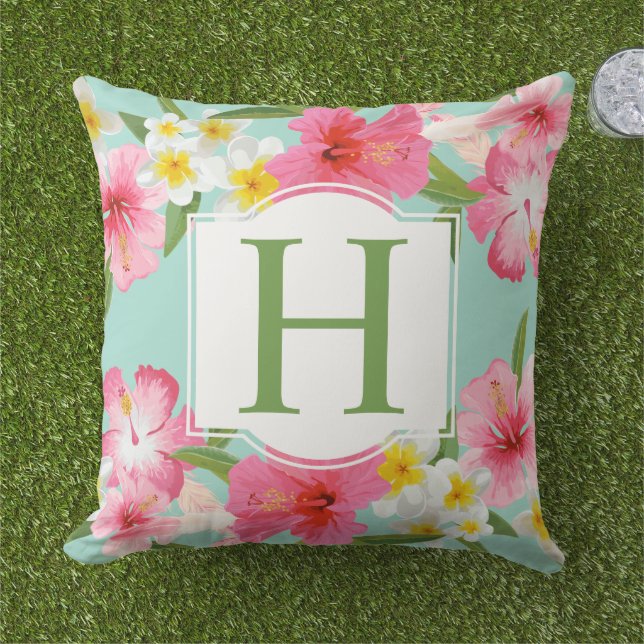 Tropical Aqua Pink Flowers Pattern Custom Monogram Cushion (Grass)