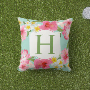 Tropical Aqua Pink Flowers Pattern Custom Monogram Outdoor Cushion