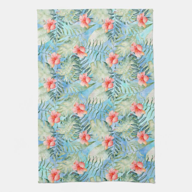 Tropical Aqua Pink Hibiscus Floral Tea Towel (Vertical)