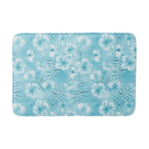 Tropical Aqua White Orchids Hibiscus Floral Bath Mat