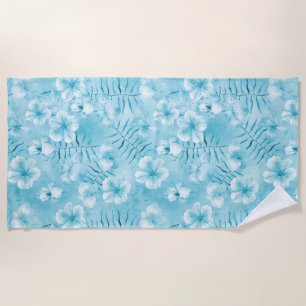 Tropical Aqua White Orchids Hibiscus Floral Beach Towel