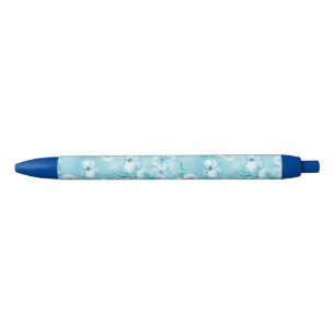 Tropical Aqua White Orchids Hibiscus Floral Black Ink Pen
