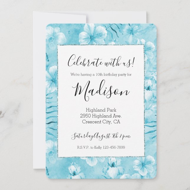 Tropical Aqua White Orchids Hibiscus Floral Invitation (Front)