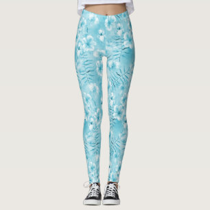 Tropical Aqua White Orchids Hibiscus Floral Leggings