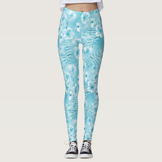 Tropical Aqua White Orchids Hibiscus Floral Leggings (Front)
