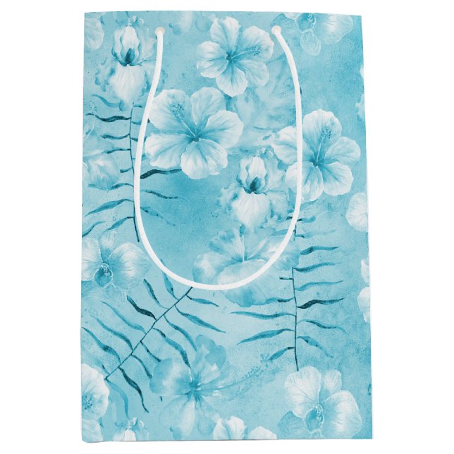 Tropical Aqua White Orchids Hibiscus Floral Medium Gift Bag (Front)