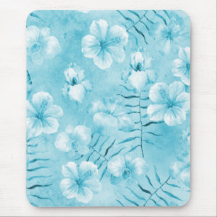 Tropical Aqua White Orchids Hibiscus Floral Mouse Mat