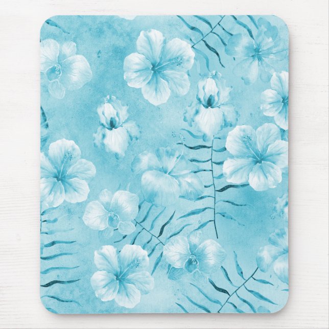 Tropical Aqua White Orchids Hibiscus Floral Mouse Mat (Front)