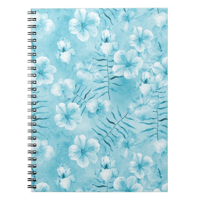 Tropical Aqua White Orchids Hibiscus Floral Notebook (Front)